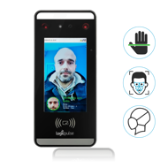 Leitor de acessos Multi-biométrico com suporte / torre de balcão / secretária / torre pedestal, Terminal de acessos e/ou assiduidade com autenticação facial, autenticação por palma, cartão RFID e PIN.