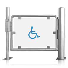 Barreira/Porta em aço inox e acrílico cristal com passagem ampla adequada a pessoas com mobilidade reduzida.