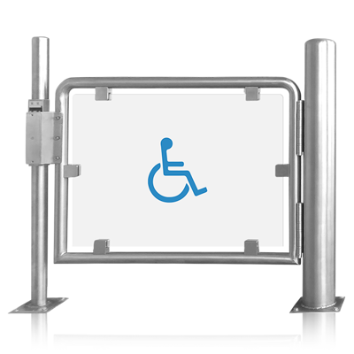 Barreira/Porta em aço inox e acrílico cristal com passagem ampla adequada a pessoas com mobilidade reduzida.